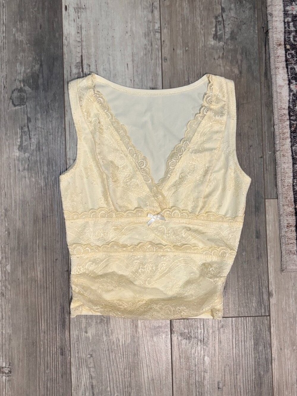 Cream Lace Tank Top Sheer V Neck Cropped Feminine Cami